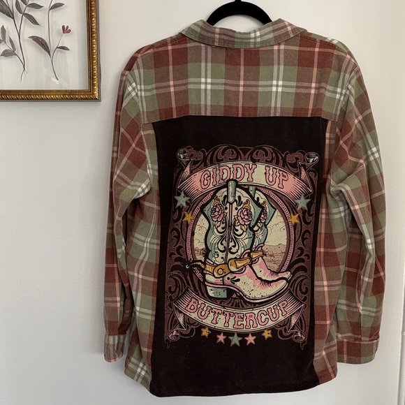 Altar'd State Tops - Altar’d State Giddy Up Buttercup Green Plaid Button Up S